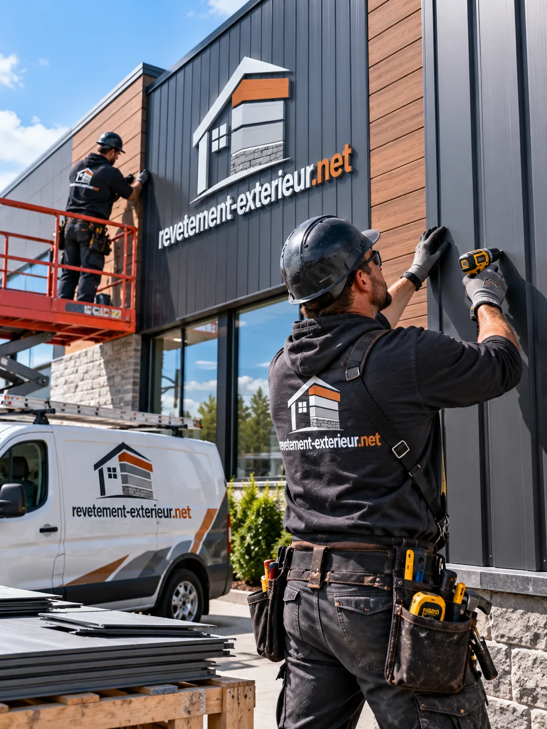 Installation de panneaux métalliques verticaux sur un bâtiment commercial, nacelle en arrière-plan