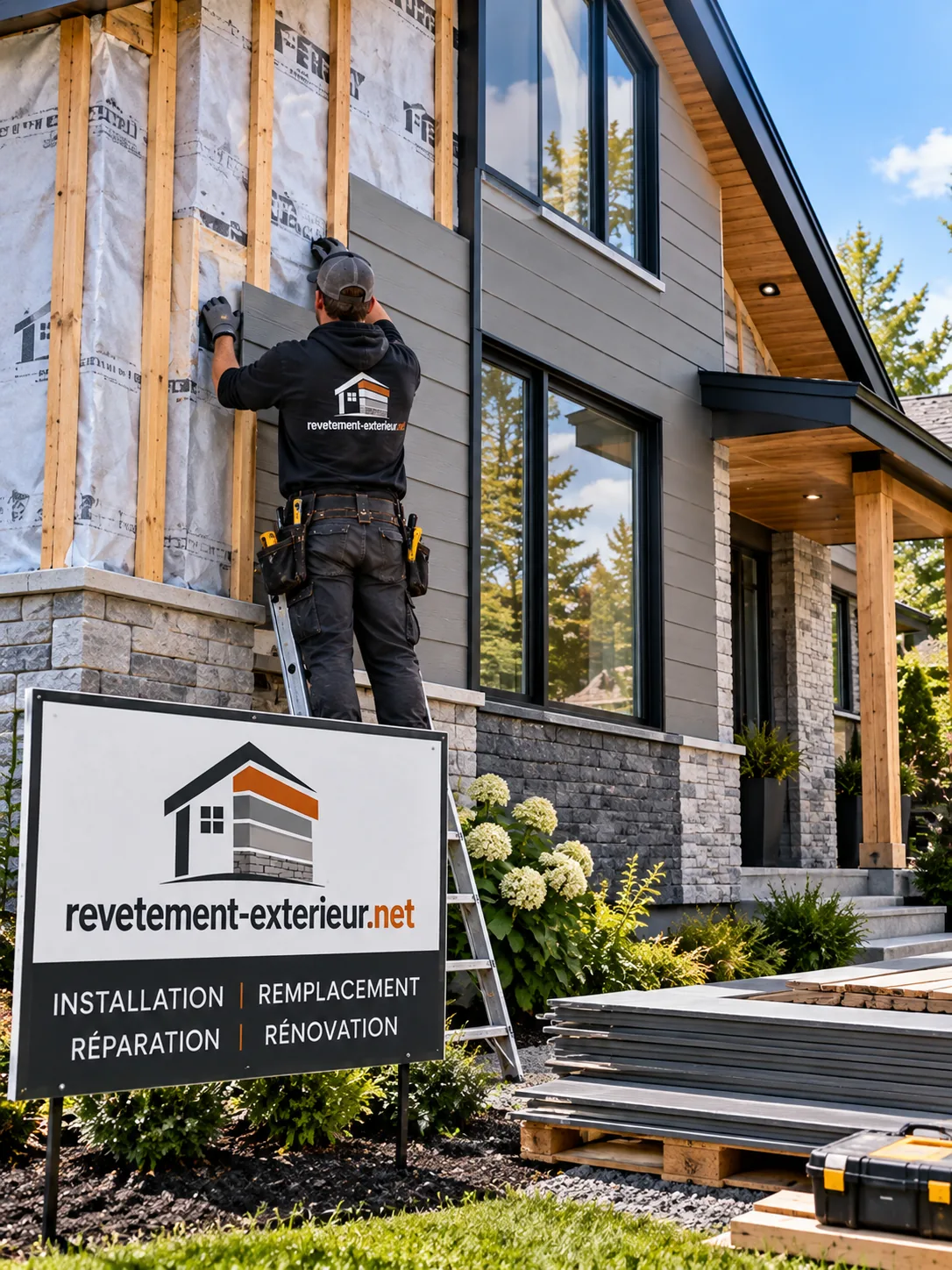 Ouvrier posant un panneau de revêtement sur une façade en cours, membrane pare-intempéries apparente